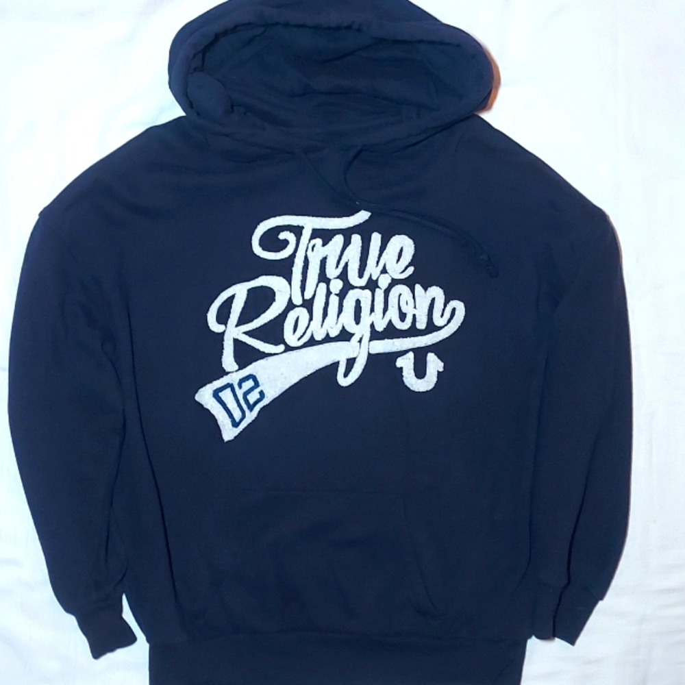 True Religion Women's Athletic Boyfriend Pullover Hoodie Navy Blue Med Textured